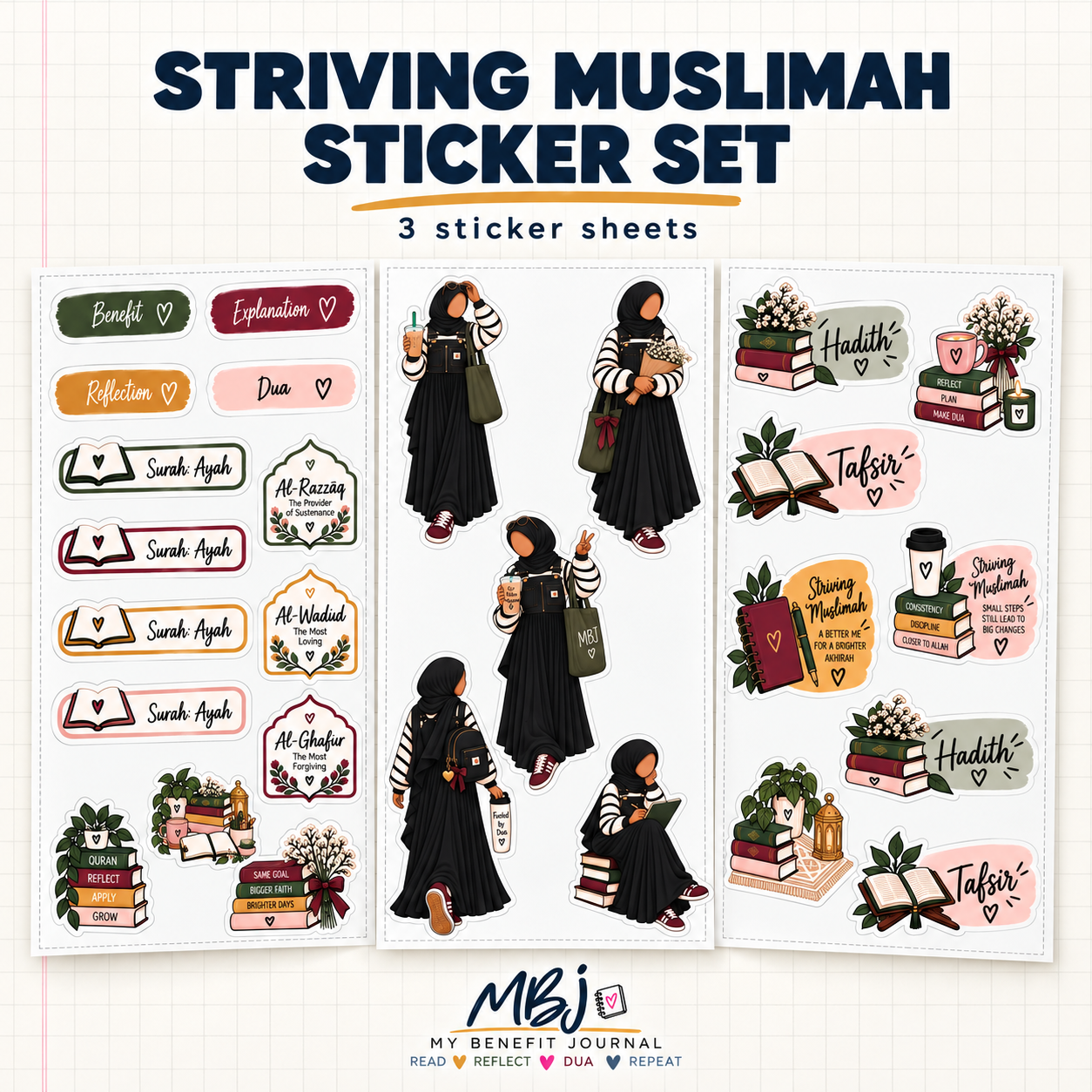Striving Muslimah three-sheet sticker set with Muslimah illustrations, B.E.R.D. labels and faith-inspired reminders